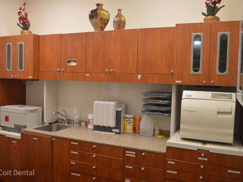 Dental sterilisation and instrument processing area at Coit Dental, Frisco TX — hospital-grade infection control standards